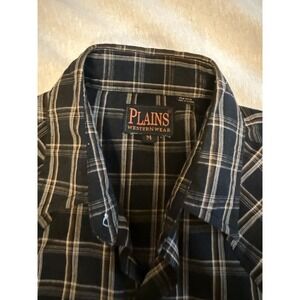 Vintage Plains Western Wear Pearl Snap Mens M Long Sleeve Brown/Blue/ Wht Plaid